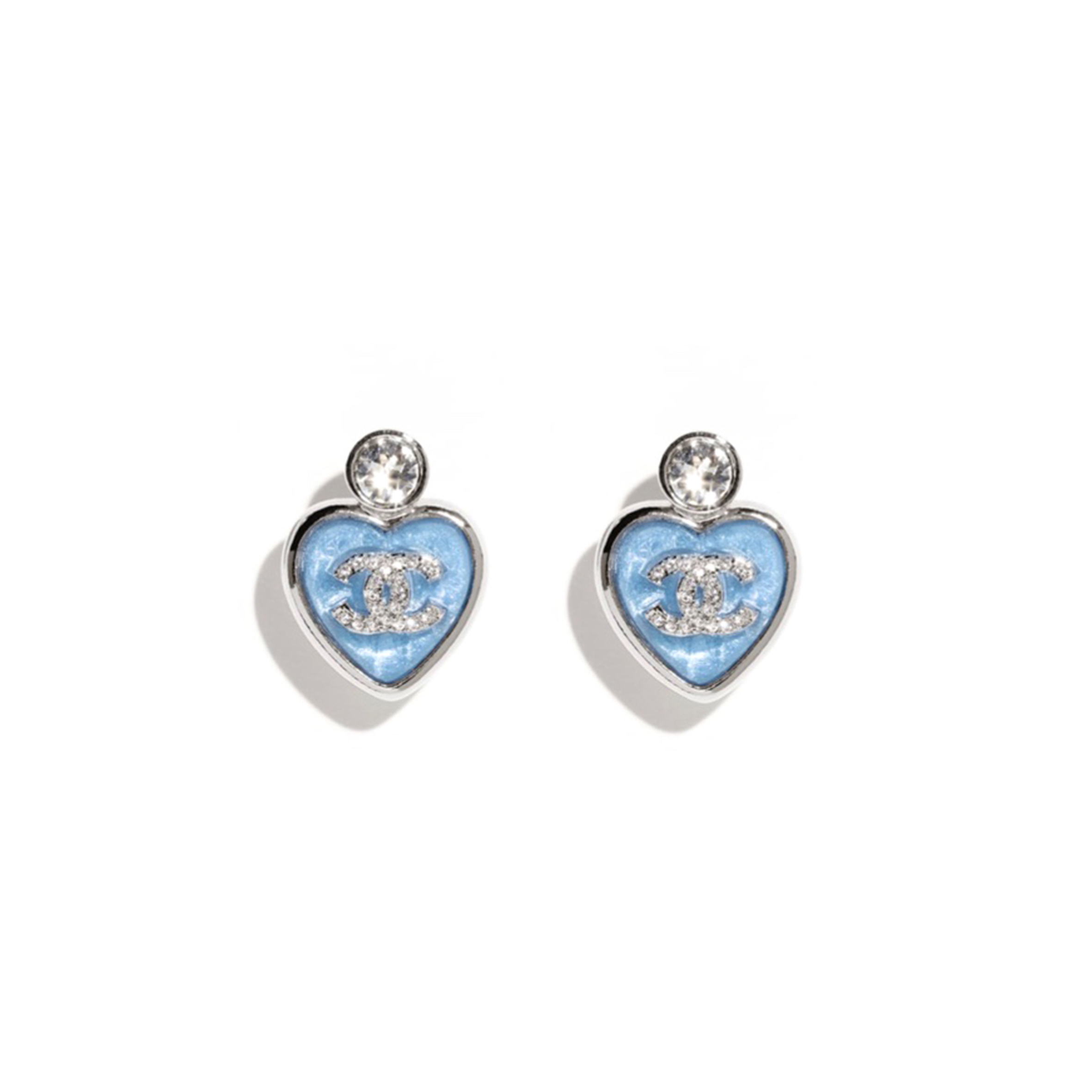 CHANEL BLUE CC LOGO HEART RHINESTONE EARRINGS ABE524